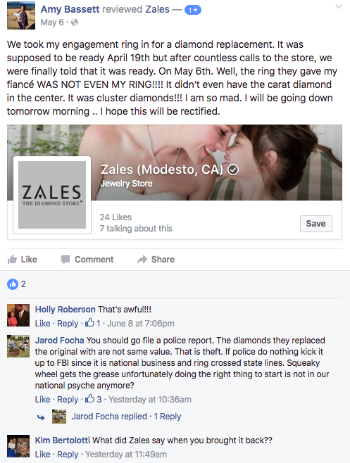 Zales Modesto 1 Star Review May 2016