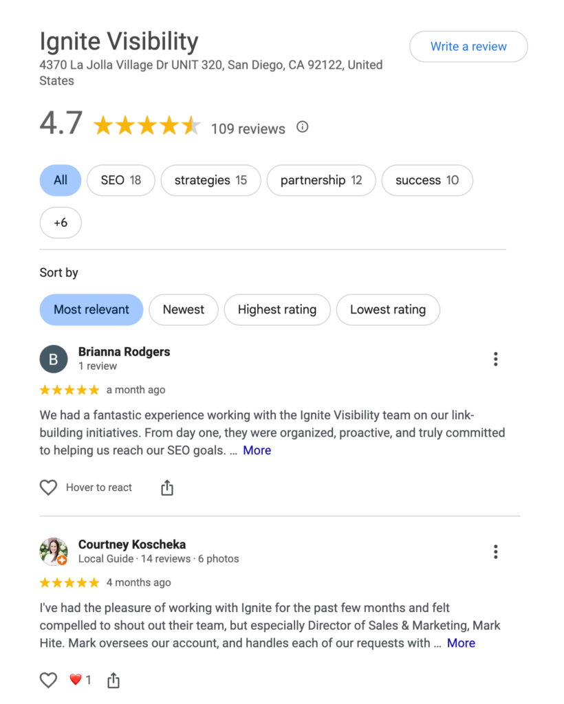 An example of ratings and reviews on Google Business Profile