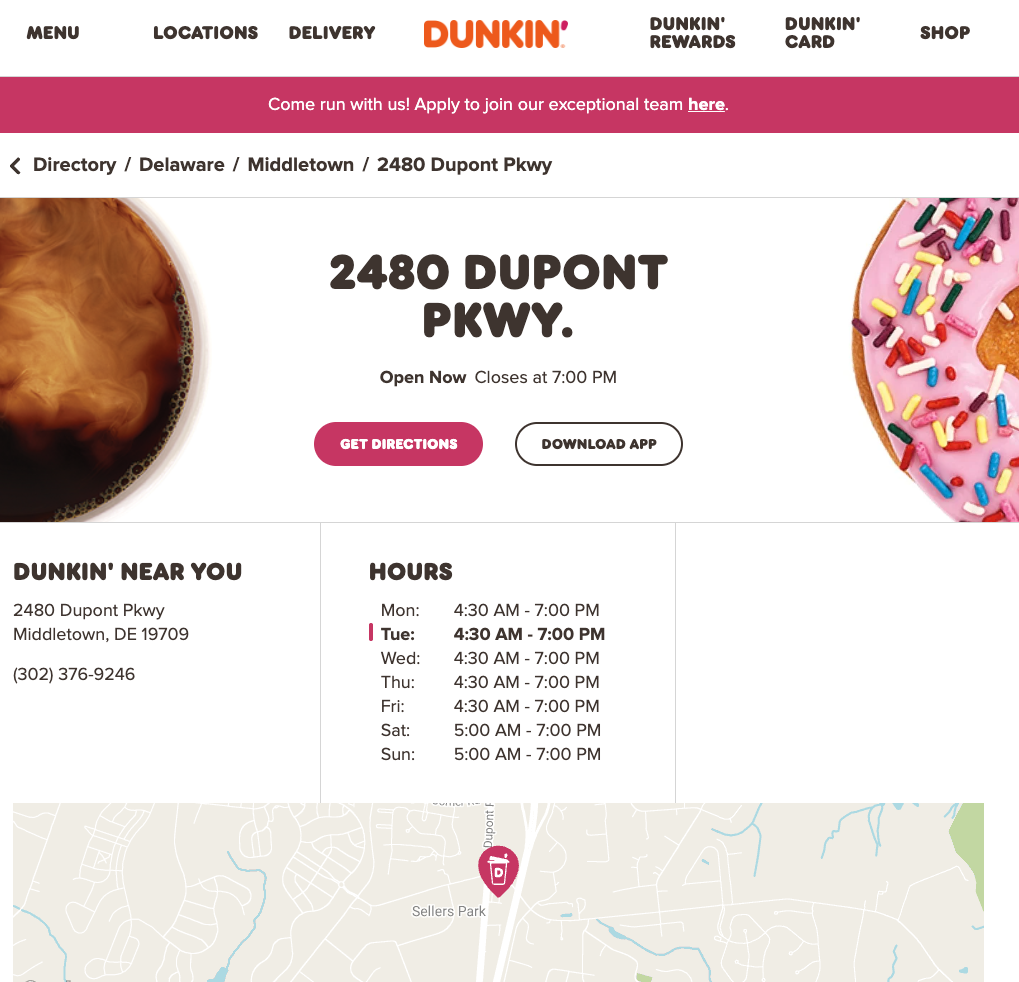 Dunkin’ location landing page example.