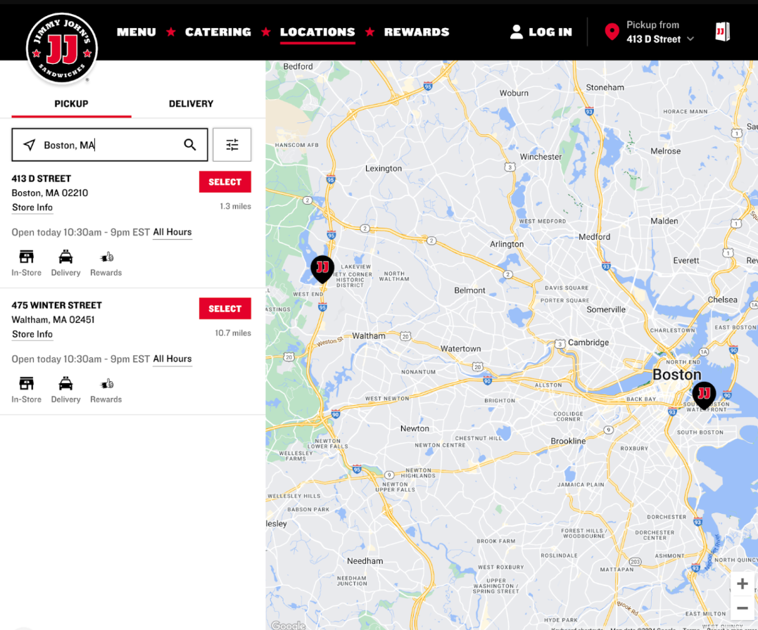 Jimmy John’s proximity landing pages help users find the closest locations near them.