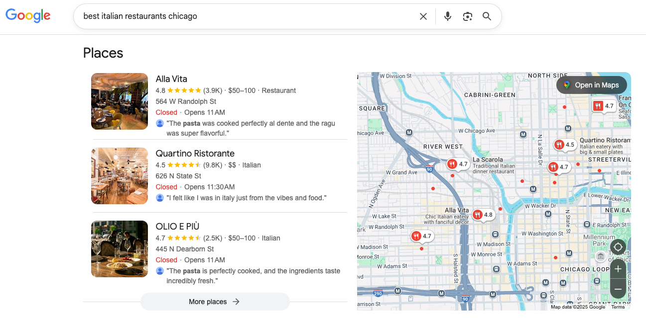 The Google Maps Pack in Google search results.