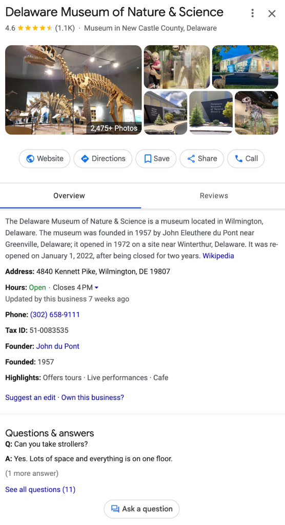 Example of Google Business Profile