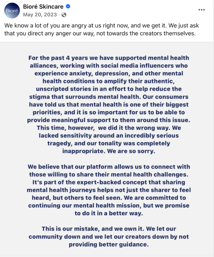 An example of Biore Skincare responding to a crisis caused by an influencer