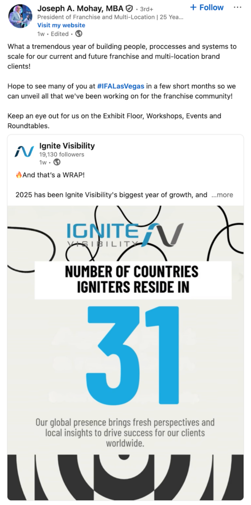 An example of an Ignite Visibility employee sharing their own insight on a company post