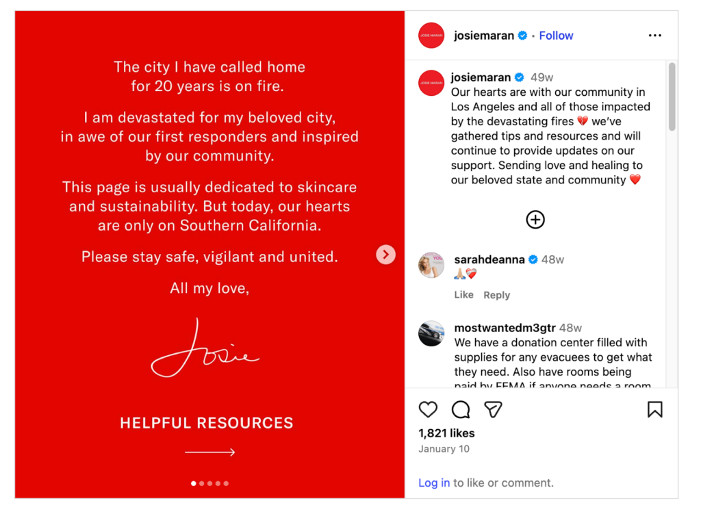 An example of beauty brand Josie Maran responding to a natural disaster