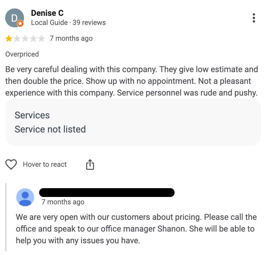 Example of a negative review and response